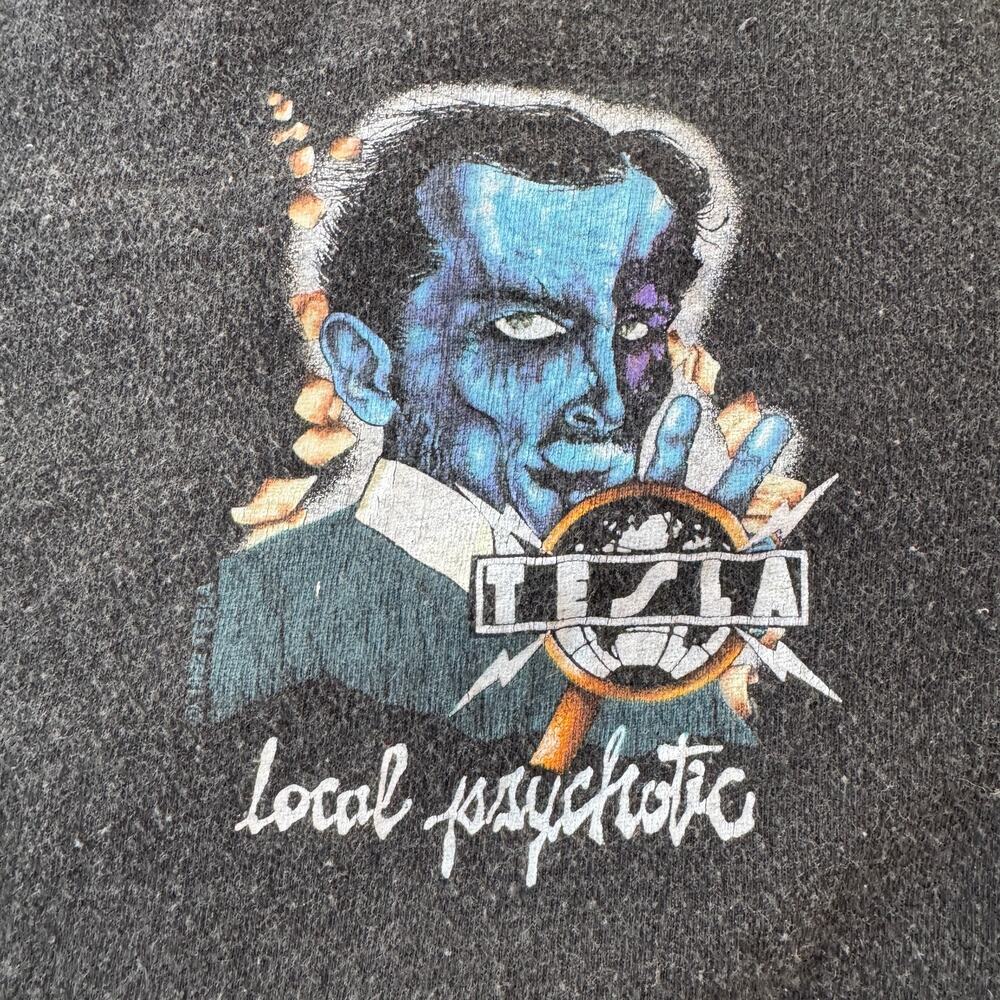 Vintage 1991 Tesla Band Tee Local Psychotic Local Crew Shirt Giant Tag stagehand